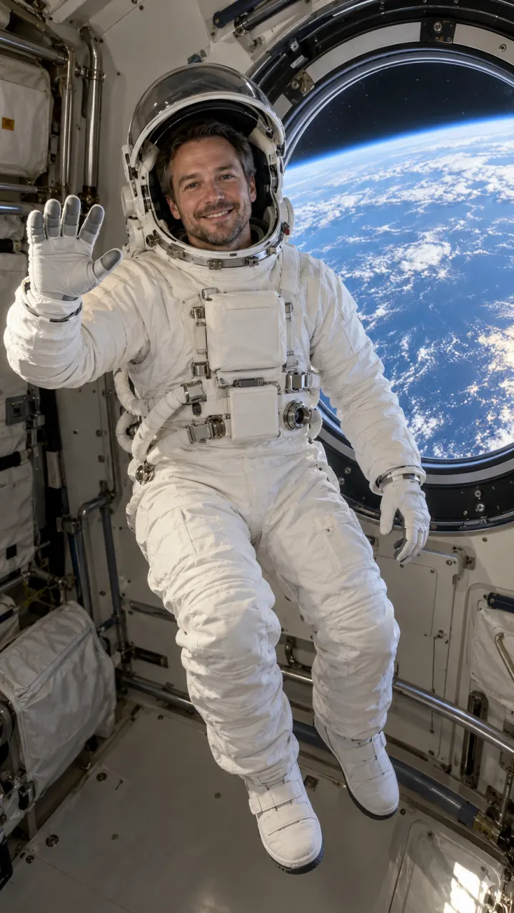 Input photo: An astronaut by a spacecraft window with Earth behind
