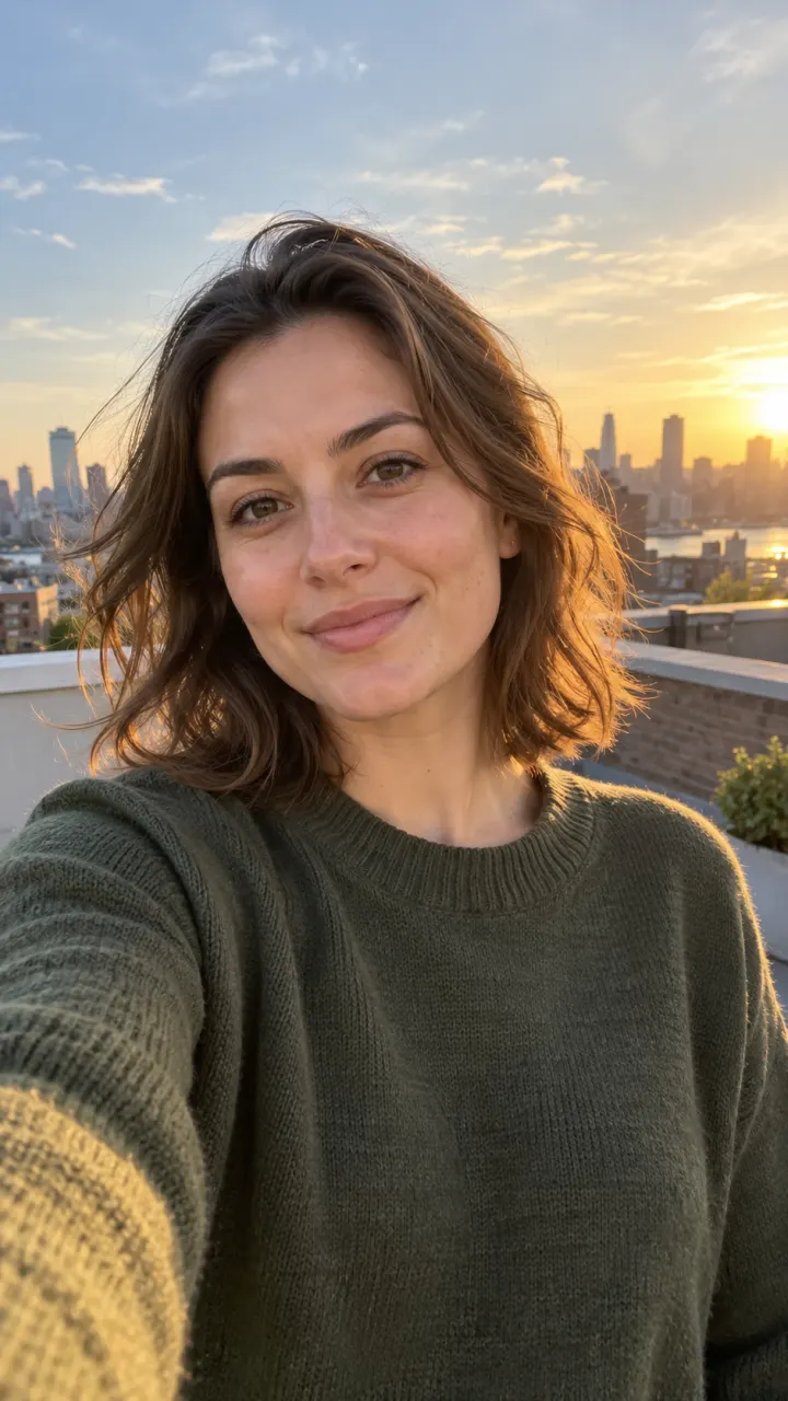 Input photo: A woman takes a selfie on a breezy rooftop
