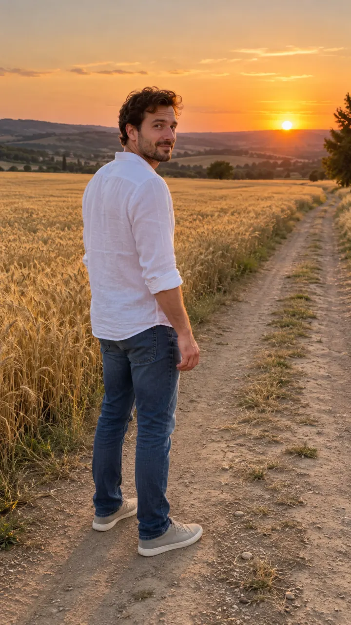 Input photo: A man at the edge of a wheat field at sunset
