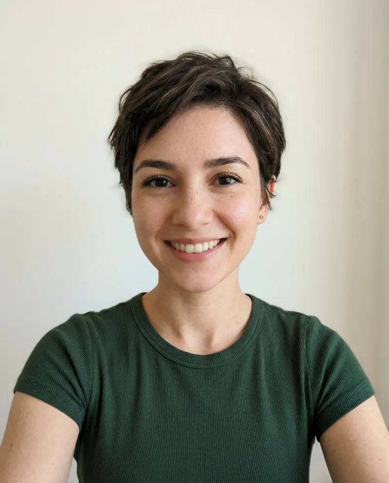 A young woman with short dark hair facing the camera, face fully visible, in even daylight