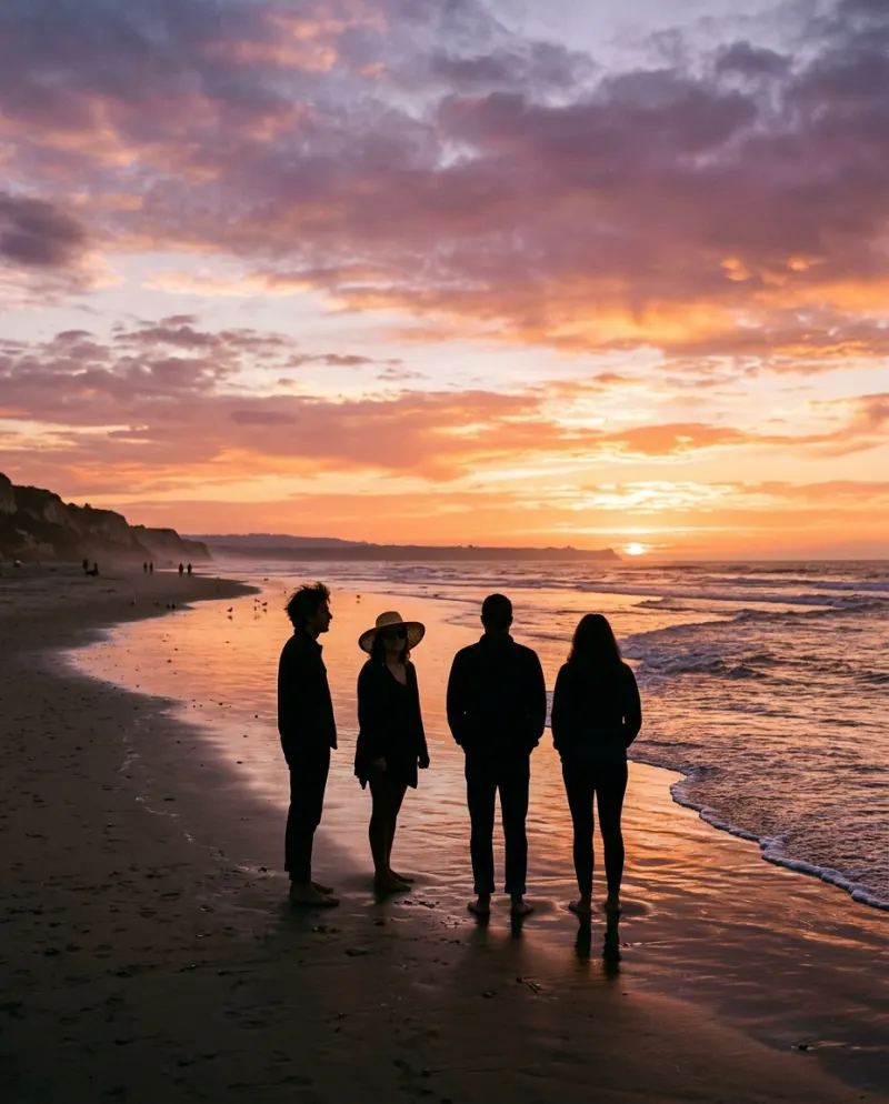 Four friends seen from far away as dark silhouettes on a beach at sunset
