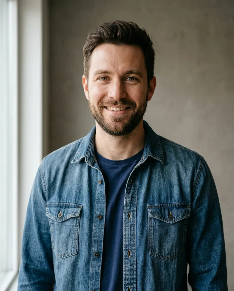 A smiling man with a short beard in a denim shirt, facing the camera in soft window light