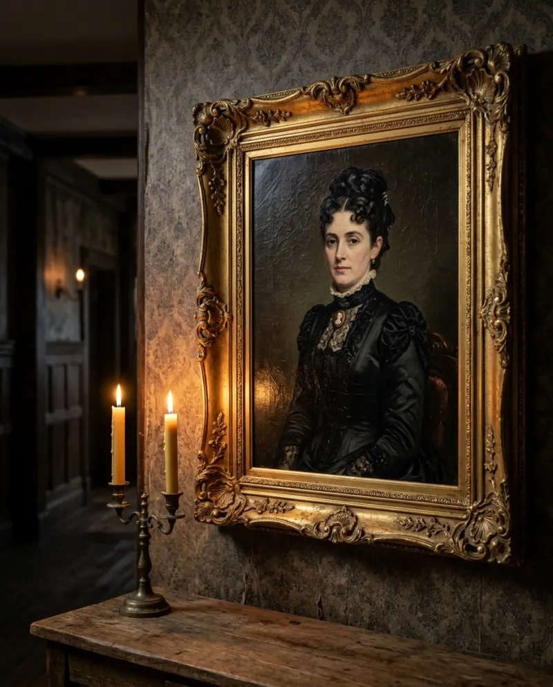 An antique oil portrait of a woman in a high-necked Victorian dress in an ornate gold frame, hanging in a dark hallway lit by candles