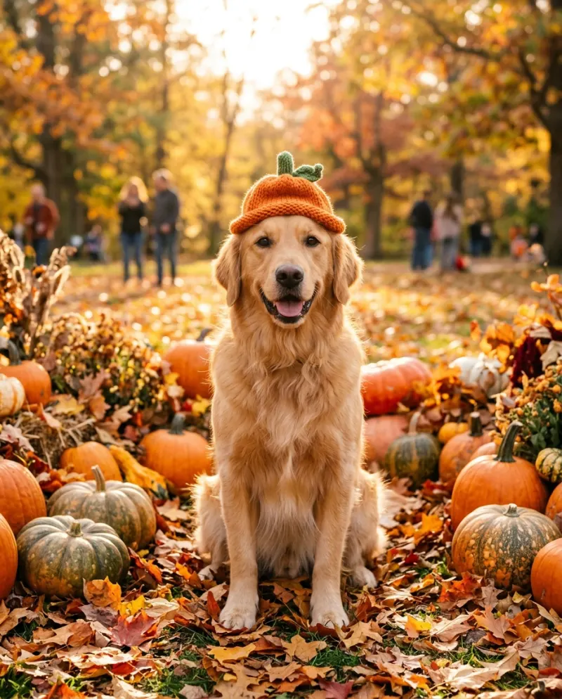 A golden retriever in a knitted pumpkin hat sitting among pumpkins and autumn leaves
