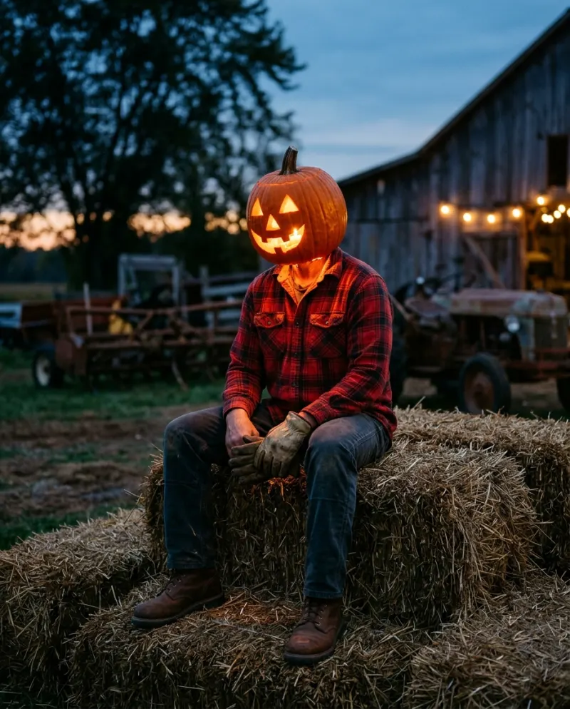 A man in a red flannel shirt on hay bales at dusk, his head a glowing carved jack-o’-lantern