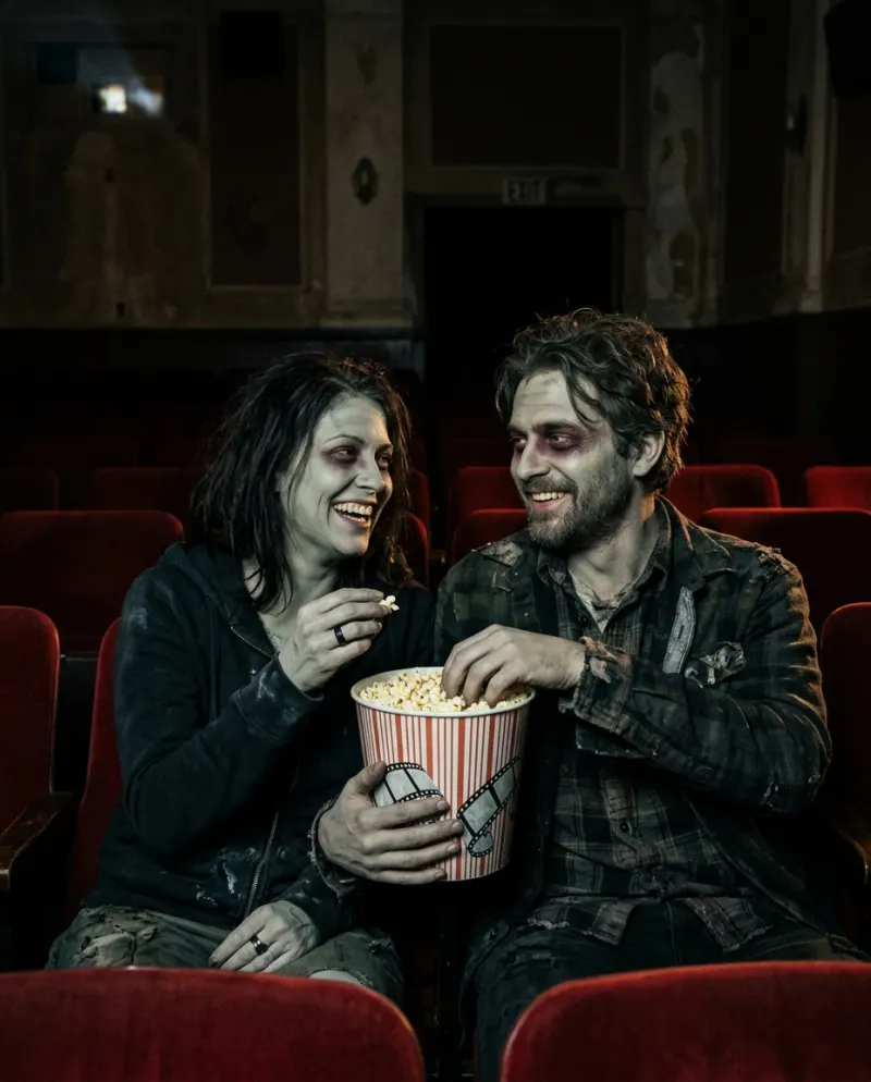 A zombie couple with pale grey-green skin grinning over a bucket of popcorn in an empty old cinema