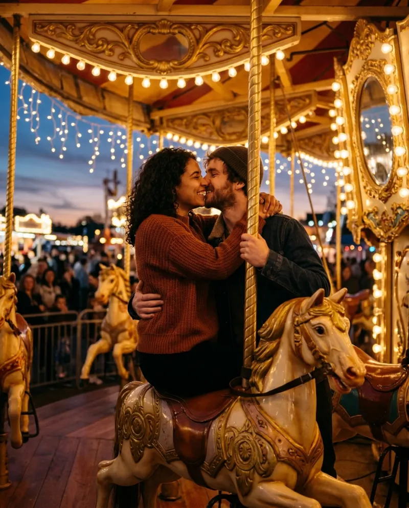 A couple sharing a kiss on a carousel horse under warm fairy lights at dusk